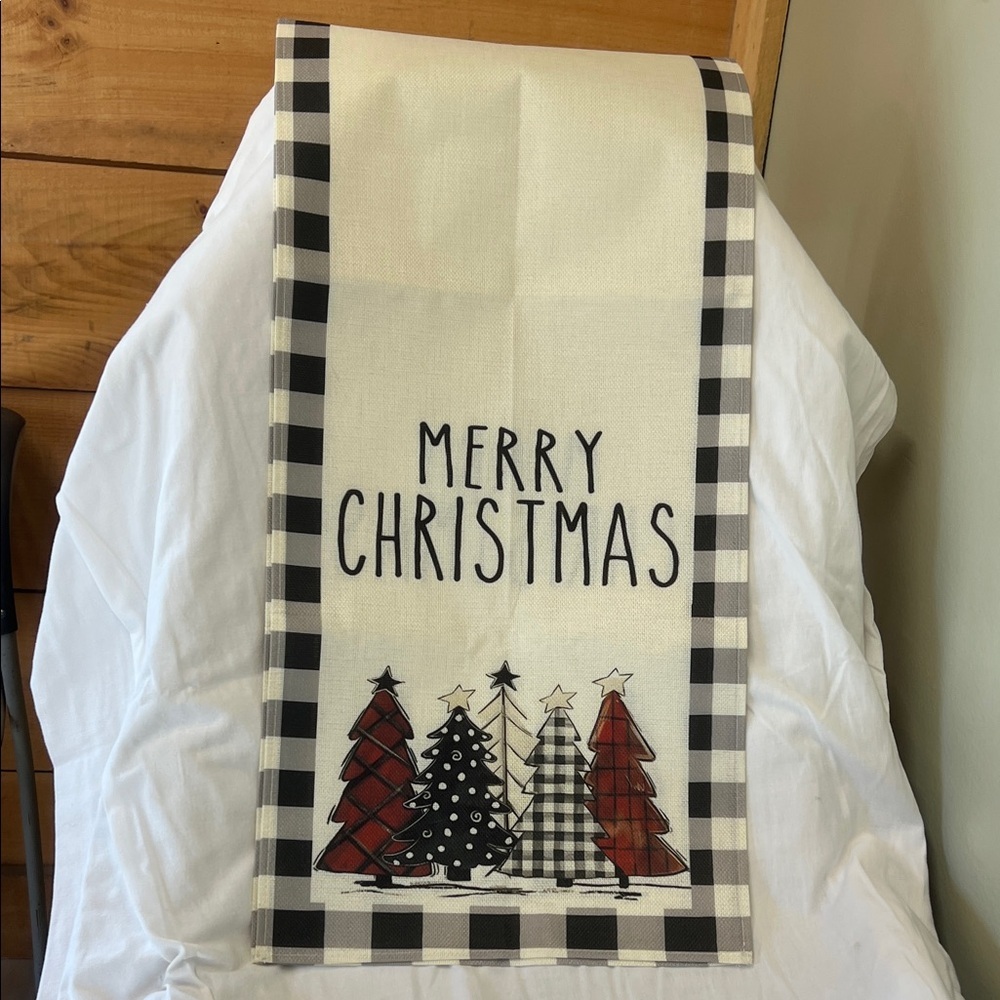 Festive Christmas Table Runner with Trees Black and Cream Plaid